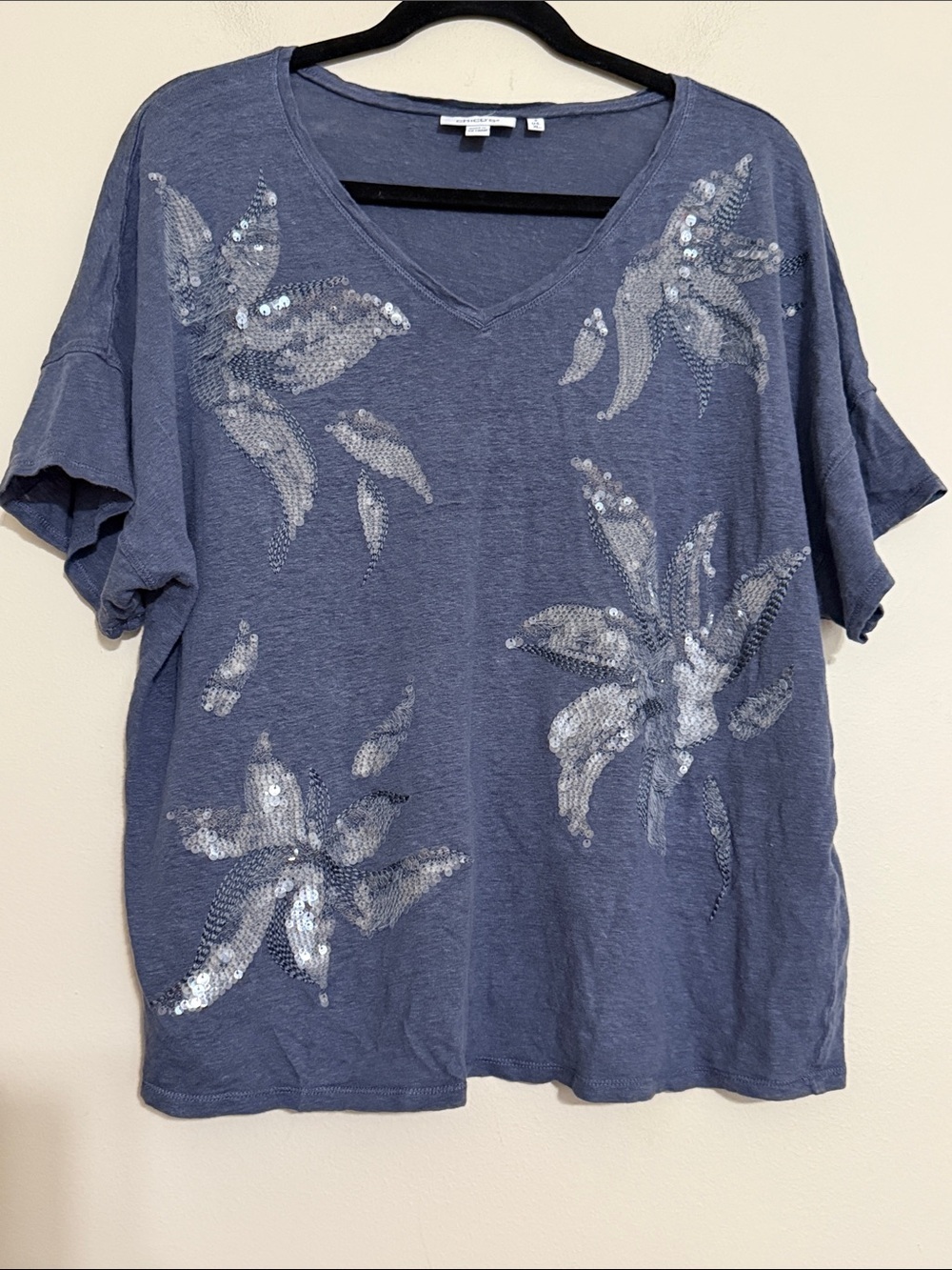 Chico's Slate Blue Sequin Floral V-Neck Tee women XL casual linen vacation boho